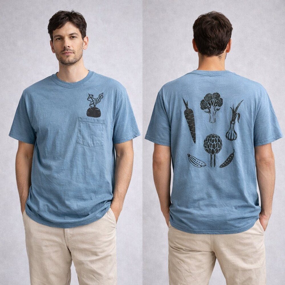 Hand Block Printed Vegetable T-Shirt | Men’s Farmer’s Market Graphic Tee | Large